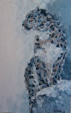 a painting of a cheetah sitting on top of a blue and white background