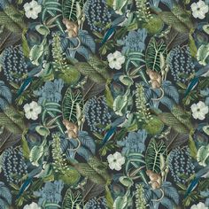 a blue and green floral wallpaper with monkeys, leaves and flowers on it's sides