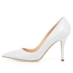 Indulge in sophistication with our White Croco Embossed Style Stiletto Heels Pumps. These heels boast a striking crocodile embossed design in a timeless white hue, perfect for adding a touch of elegance to your attire. With a slender stiletto heel and comfortable fit, these statement pumps are a must-have for any fashion-forward individual, ideal for various occasions from formal gatherings to casual outings. Handcrafted US sizing. Fits true to size. Heel Height: 4" / 100 mm approx Product measurements were taken using size 8. Please note that measurements may vary by size. Croco-Embossed Elegance: Crafted with a luxurious crocodile embossed texture for a sophisticated appearance. Stiletto Heel Design: Offers an alluring lift with a slender stiletto heel to elevate your style. Versatile Wh Elegant High Heels With Crocodile Pattern, Office High Heels With Crocodile Pattern, Crocodile Pattern High Heels For Office, Elegant Party Heels With Crocodile Pattern, Elegant Crocodile Pattern Heels For Party, Elegant Round Toe Heels With Crocodile Pattern, Fitted High Heels With Crocodile Pattern, Elegant Heels With Crocodile Pattern And Round Toe, Elegant Crocodile Pattern Heels With Round Toe