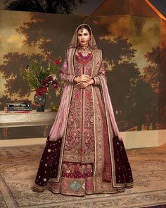 Pakistani Bridal Lehenga with Open Jacket Shirt Dress Maroon Bridal Lehenga, Maroon Lehenga, Pakistani Bridal Lehenga, Tilla Embroidery, Embroidery Borders, Pakistani Bridal Dress, Lehenga Bridal, Cultural Fashion, Maroon Jacket