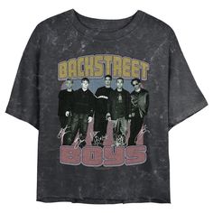 Sing your heart out and rock your body right to the rhythm of the iconic vocal boy group Backstreet Boys with this new officially licensed apparel of the talented Nick, AJ, Kevin, Howie, and Brian! This Juniors' Backstreet Boys Group Shot Signatures Distressed Cropped T-Shirt features an amazing graphic of the Backstreet Boys members in a monochrome picture with each signature printed across the front. Take advantage of these awesome designs because they're everything ya need! Backstreet Boys Shirts, Trending Graphic Tees, Distressed T Shirt, Backstreet Boys, Cropped T Shirt, Signature Print, Crop Tshirt, Tee Design, Black Media