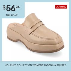 Meet Antonina, the stylish and comfortable loafer flat by the Journee collection that's perfect for any casual occasion. Made from vegan leather and featuring a square toe, Antonina showcases a 90s-inspired chunky 2 1/4 in platform heel and slip-on mule design that's perfect for achieving an ivy league look. With a 4 mm tru comfort foam insole, Antonina ensures a comfortable fit all day long, making it a versatile and must-have addition to your shoe collection.Features: ComfortClosure Type: Sli… Ivy League Look, Comfortable Loafers, Slip On Mules, Ivy League, 90s Inspired, Platform Heel, Journee Collection, Mules Shoes, Platform Heels