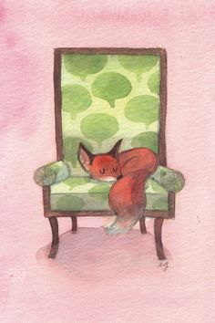 a painting of a red fox sitting in a green chair with polka dot print on the back