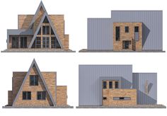 three different views of a house with windows and sidings on each side, from the front to the back