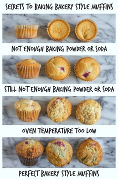 the different types of muffins are shown in this poster, with instructions to make them