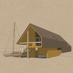 a drawing of a house with a boat in the front yard and stairs leading up to it