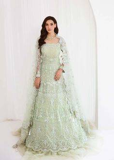 Mint Green Embroidered Huge Flare Pishwas Pakistani Wedding Dress Traditional Semi-stitched Gown With Floral Embroidery, Semi-stitched Organza Gown With Long Sleeves, Floor-length Embroidered Dress With Dupatta For Reception, Long Sleeve Organza Gown With Resham Embroidery, Designer Embroidered Anarkali Wedding Dress, Semi-stitched Floor-length Wedding Dress For Ceremony, Floor-length Gown For Eid Ceremony, Designer Wedding Dress With Resham Embroidery For Eid, Green Wedding Dress Pakistani