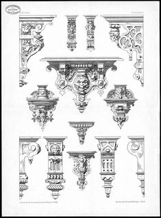 an old drawing of various architectural details from the 19th century, including columns and brackets