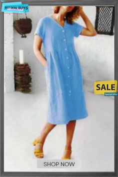 Women's Pocket Dress Button Simple Atmosphere Dress Knee-length Shirt Dress With Buttons For Vacation, Casual A-line Midi Dress With Button Closure, Button-up Dresses For Vacation, Casual A-line Dresses With Buttons, Casual Summer Dress With Buttoned Pockets, Casual Solid Color Knee-length Shirt Dress, Casual Fitted Maxi Dress With Button Closure, Casual A-line Maxi Dress With Buttons, Casual Button-up Maxi Dress With Button Cuffs