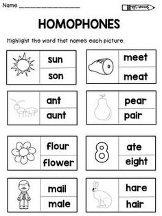 the worksheet for homophones is shown in black and white, with an image of