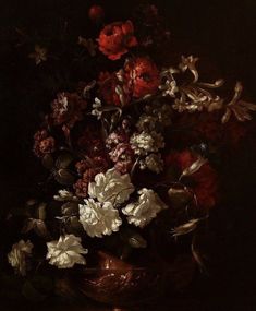 a painting of flowers in a vase on a table