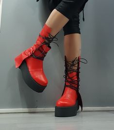 Genuine Women Boots, Leather Platform Shoes, All seasons, Gothic Women Boots, Leather Ankle Boots, Platform Grunge Boots, Extravagant Shoes, Avant Garde Shoes, Red Boots ❤️ Extravagant designs and high quality fabrics! ❤️ Materials & Care Genuine Leather Clean with a soft cloth and cold water ❤️ Shipping ✈ Ready to ship The time I need to prepare an order for shipping varies. For details, see individual items. Priority shipping is used for all our packages: STANDARD SHIPPING * Shipping to US Leather Lace-up Moto Boots With Chunky Platform, Leather Wedge Boots With Chunky Platform And Round Toe, Leather Ankle Boot With Chunky Platform, Leather Ankle Wedge Boots With Chunky Platform, Trendy Leather Lace-up Wedge Boots, Leather Moto Boots With Chunky Platform, Punk Style High Heel Lace-up Boots In Faux Leather, Punk Leather Mid-calf Boots With Chunky Platform, Leather High-top Heeled Boots With Chunky Platform