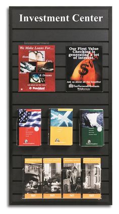 a black and white poster with several different books on it's display case,