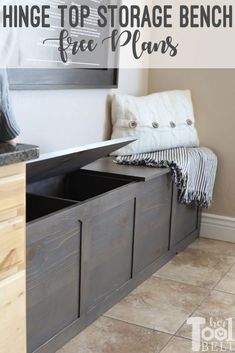 an entryway bench with storage bins underneath it and text overlay that reads, how to hide top storage bench free plans