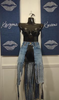 This is a One-of-a-Kind Hi/Lo Waistlet Fringe Denim Belt. Stunning Denim Accessory  Just add a cat suit, boots and a pair of denim earrings. Compliments galore 🤩💥 Fitted Recycled Denim Bottoms For Fall, Casual Upcycled Dark Wash Bottoms, Upcycled Medium Wash Denim Bottoms, Upcycled Fitted Casual Jeans, Fitted Ripped Jeans In Recycled Denim, Fitted Upcycled Blue Bottoms, Fitted Medium Wash Upcycled Jeans, Fitted Cutoff Jeans In Recycled Denim, Casual Fitted Upcycled Jeans