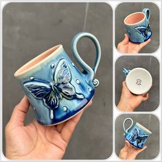 a hand holding a blue and white ceramic teapot with butterfly designs on it's side