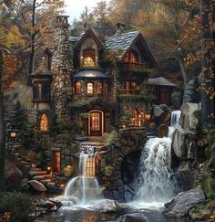 a house in the woods with a waterfall