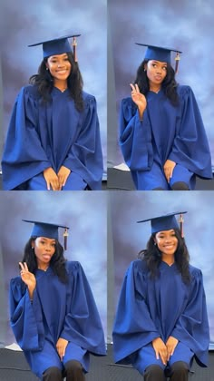 four pictures of a woman in graduation gown and cap making the peace sign with her hand