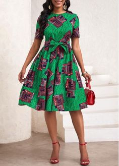 Ankara Styles For Kids, Nigerian Dress, Tea Length Dress, Round Neck Dress, Round Neck Dresses, Tea Length Dresses, Latest African Fashion Dresses, African Fashion Dresses, Tea Length