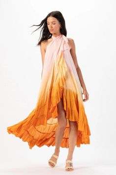 summer maxi dress Summer Beach Halter Dress With Ruffles, Orange Halter Neck Maxi Dress Beachwear, Bohemian Ruffled Halter Dress For Vacation, Summer Bohemian Ombre Dresses, Summer Halter Dress With Ruffles For The Beach, Ombre Sleeveless Beach Dress, Sleeveless Ombre Beach Dress, Ombre Sleeveless Dress For Beach, Sleeveless Gradient Maxi Dress For Summer