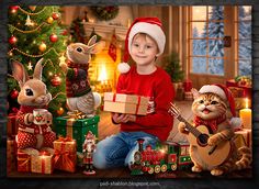 a young boy sitting next to christmas presents with rabbits around him and a cat playing the guitar