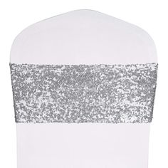 a white and silver sequinned chair cover with stripes on the front, side