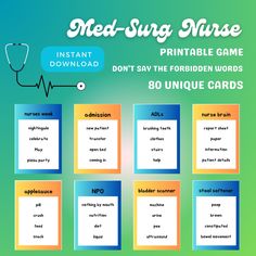 Calling all med-surg nurses. A fun and easy group game that is sure to stump even the most experienced nurses into saying the forbidden words.  -------- You will receive: - Ten PDF pages with 8 unique playing cards each for a total of 80 cards - Play instruction sheet  -------- Simply purchase, instantly download, print on standard 8.5x11in paper, cut out the cards to start playing and laughing.  -------- PREPARATION INSTRUCTIONS For best results, print on 8.5x11 inch cardstock. Cut the cards out along the borders. -------- REFUNDS & RETURNS This is a digital download. PrintDesignsByEden does not offer any returns or refunds on digital downloads. If you have an issue with your order, then let us know and we'll do our best to get things corrected for you as timely as possible. -------- IMPO Zap Game, Nurse Games, Communication Games, Nurse Educator, Unique Playing Cards, Student Games, Graduation Party Games, Nurse Party, Med Surg Nursing