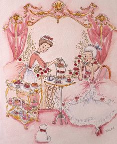 a watercolor drawing of two women sitting at a table with tea and cake in front of them