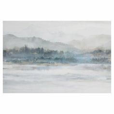 an abstract painting with mountains in the background and foggy water on the foreground