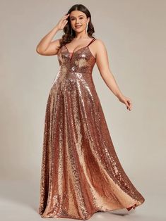 Custom Size Spaghetti Strap Corset Back Sequin Prom Dresses Vestidos Rose Gold, Glittery Outfits, Rose Gold Prom Dress, A Line Long Dress, Plus Size Prom, Stylish Women Fashion, Ever Pretty, Mob Dresses, Corset Back