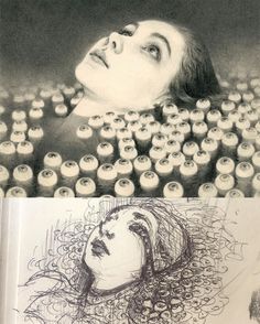 two pictures one with a woman's head and the other with an open book