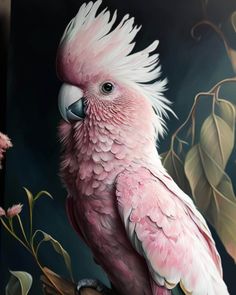 a painting of a pink parrot perched on a branch