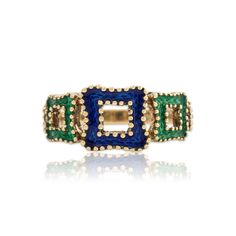 Awaiting your purchase is this 14k yellow gold ring crafted by vintage maker in this wonderful blue & green enamel design. This special item remains in Excellent condition. All gemstones are natural, earth mined stones, unless stated otherwise. Please refer to the photographs for an accurate color depiction, as the video may not accurately represent the color. Length: 9.7mm (north-south) Size / Item Length: 6.5 Weight: 4.8g Rise Above Finger: 4.9mm Band Width: 2.5mm ----------------------------- Blue Enamel Ring In Fine Jewelry Style, Blue Enamel Ring Fine Jewelry, Blue Enamel Fine Jewelry Ring, Vintage Green Enamel Ring For Anniversary, Collectible Green Emerald Ring In 14k Gold, Collectible 14k Gold Emerald Ring, Green 14k Gold Emerald Ring Collectible, Green Enamel 14k Gold Ring Gift, Green 14k Gold Enamel Ring As Gift