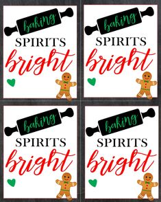 four printable christmas tags with gingerbreads and the words, spirit's bright