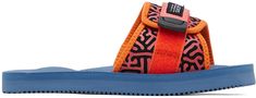 Padded jersey slip-on sandals in orange and blue. · Webbing velcro strap at vamp · Graphic pattern printed at vamp · Logo patch at outer side · Molded EVA foam rubber footbed · Treaded foam rubber sole Supplier color: Orange/Navy Eva Foam, Mens Slippers, Graphic Patterns, Velcro Straps, Mens Sandals, Curator Style, Slide Sandals, Color Orange, Slip On Sandal