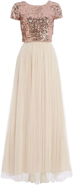 Adrianna Papell Sequin top and tulle maxi skirt Formal Skirt Outfit Wedding, Sequin Top With Skirt, Bridesmaid Tulle, Ros Gold, Sequin Bridesmaid, Gold Wedding Dress, Tulle Maxi Skirt, Gold Bridesmaid Dresses