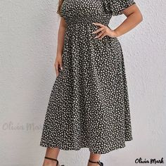 Olivia Mark - Womens Plus Size Casual Dress: Ditsy Print Midi Dress with Short Sleeves, V-Neckline, and Split Hem Floral Plus Size Dresses, Casual Dress Women, Plus Size Casual Dress, Hooded Sweatshirt Dress, Loose Dresses, Ditsy Print, Dress With Short Sleeves, Print Midi Dress, Vestido Casual