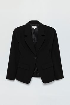 Modern suiting blazer, with a slight cropped fit and cinched waist silhouette for feminine proportions. Offered in an elevated, classic black hue. 76% Polyester / 19% Rayon / 5% Spandex Formal Notched Black Blazer, Black Professional Blazer For Career, Sleek Black Career Blazer, Classic Black Career Blazer, Black Notched Blazer For Semi-formal Occasions, Black Semi-formal Notched Blazer, Fitted Black Structured Blazer, Fitted Black Notched Blazer, Fitted Black Blazer With Button Closure