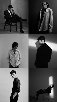 four black and white photos of men in different poses, with one man sitting on a chair