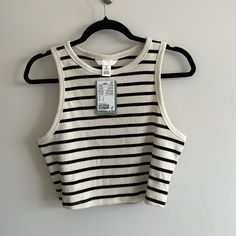 H&M Cropped Tank Top, Size Large Color Cream And Black. Never Worn Tags On H&m Tank Top, Vest Crop Top, Singlet Tops, Small Crop Tops, Girls Stripes, Sweater Tank Top, Striped Crop Top, Striped Tank Top, Striped Tank