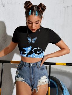 Trendy Girls Outfits, Causual Outfits, Crop Top Outfits, Cropped Tops, Women T Shirts, Print Crop Tops, Girls Fashion Clothes, Kawaii Clothes