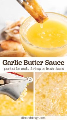 garlic butter sauce in a glass bowl, with the recipe title above it and images below