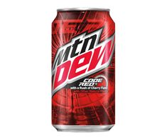 the mountain dew can is red and white