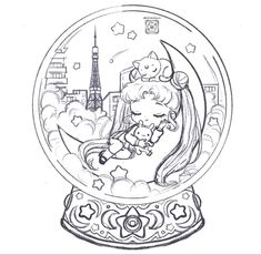 a drawing of a girl and her teddy bear in a snow globe with the eiffel tower in the background