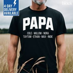 Customize this Father's Day Papa shirt with all of their grandkids' names!  It's the perfect custom men's t-shirt that any Papa will cherish! Our Bella+Canvas tees have that light and vintage feel. ♥ Our Comfort Colors tees are garment-dyed for that trendy distressed look. ♥ 》 》HOW TO ORDER 《 《 * Select product, size + color from the drop down menus * Add the kids names in the personalization box.  * Add to cart + place order ♥ * Your shirt is now in production & will be ready to ship in 1-3 day Custom Text Cotton Tops For Family Events, Father's Day Graphic Print Tops For Family Gatherings, Customizable Tops For Family Events On Father's Day, Personalized Crew Neck T-shirt For Family Events, Custom Text Crew Neck Tops For Family Gatherings, Crew Neck Shirt With Letter Print For Family Gatherings, Personalized Short Sleeve Tops For Father's Day, Family Matching Shirt With Name Print For Father's Day, Father's Day Shirt With Name Print