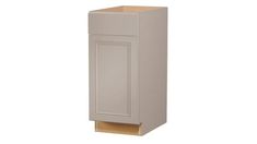 a white cabinet with an open drawer on the bottom and one door in the middle