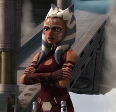 an animated star wars character is standing in front of a stair case with her arms crossed