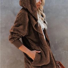 Chocolate Brown Women Plush Hooded Jacket Oversized Teddy Coat Oversized Fit Cold Weather Long Sleeve Fall Parka, Fall Long Sleeve Parka For Cold Weather, Fall Cold Weather Long Sleeve Parka, Long Sleeve Parka For Cold Weather In Fall, Fall Outerwear With Adjustable Hood, Oversized Fall Parka For Outdoor, Oversized Fall Parka For Outdoor Activities, Oversized Trendy Parka For Fall, Brown Outerwear With Detachable Hood For Fall