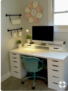 a desk with a computer on top of it