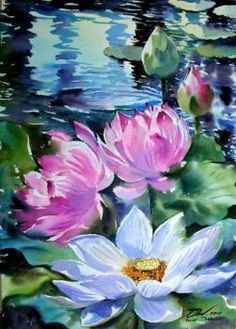 a painting of pink and white water lilies